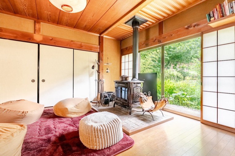 The lounge, with the stove and the garden beyond